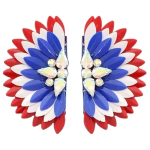 Patriotic Metal Tone Wings Stud Earrings with Rhinestones S