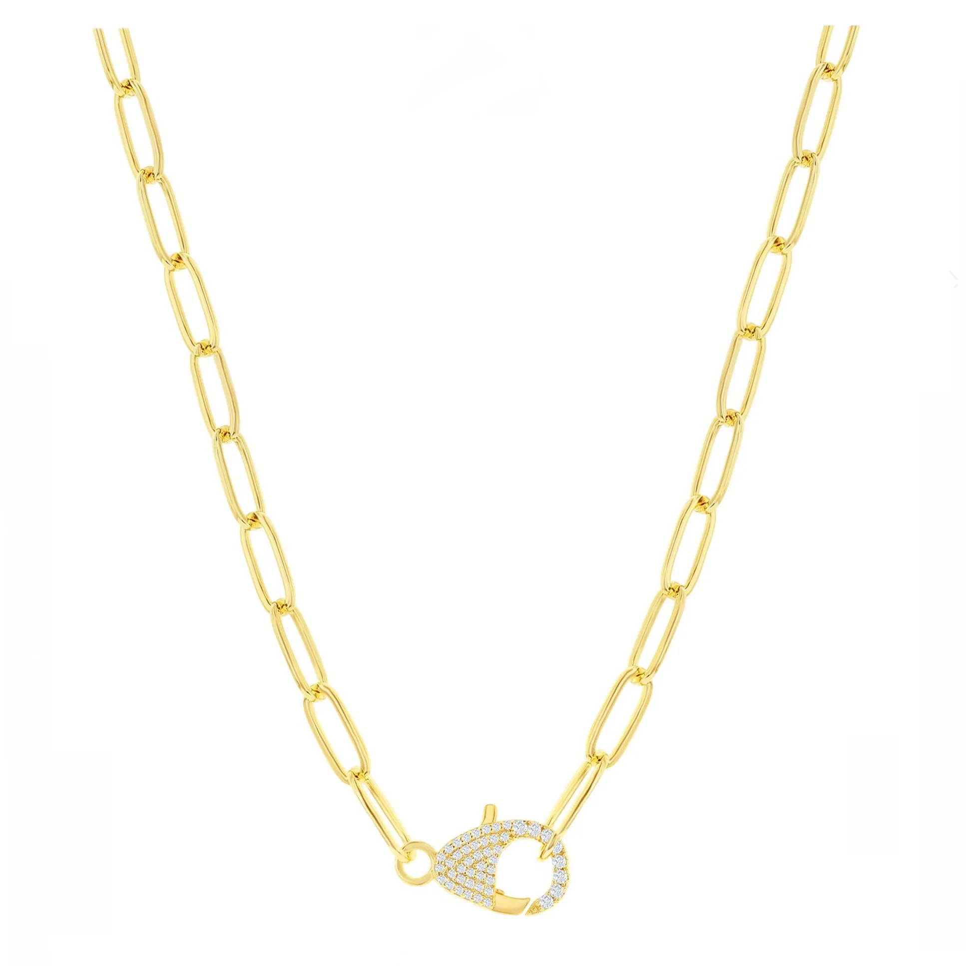 Pave Clasp Paperclip Chain Necklace