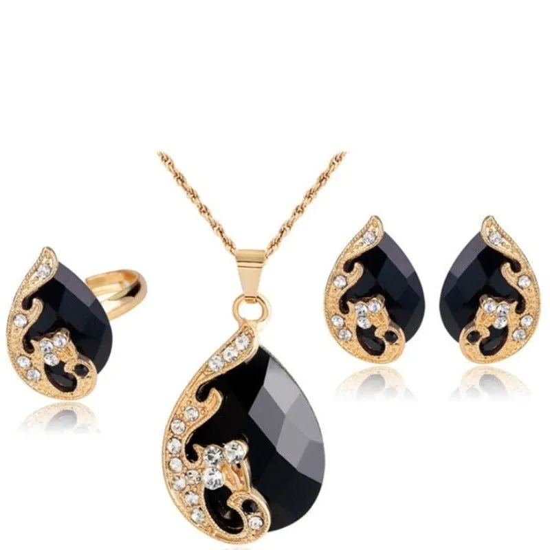 Peacock Water Drop Jewelry Set Necklaces Ring Earrings For Women