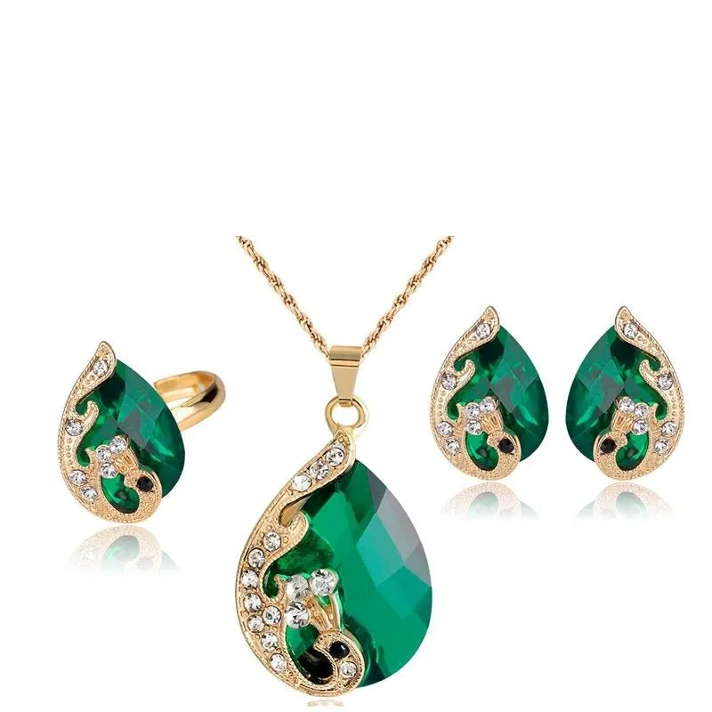 Peacock Water Drop Jewelry Set Necklaces Ring Earrings For Women