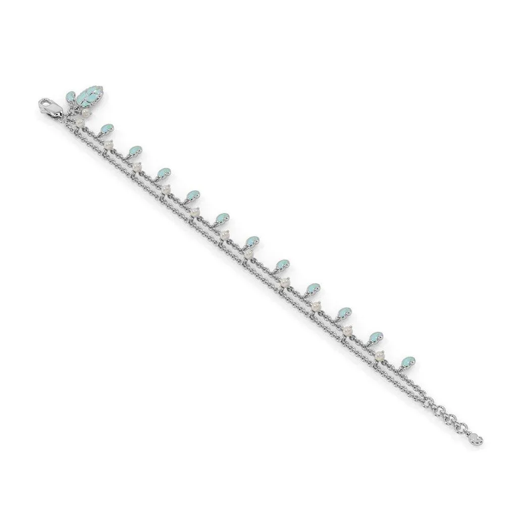 Pearl Enamel Charm Bracelet Diamond 14k Solid White Gold Handmade, Charm Bracelet, Pearl Bracelet, White Gold Bracelet, Enamel Bracelet