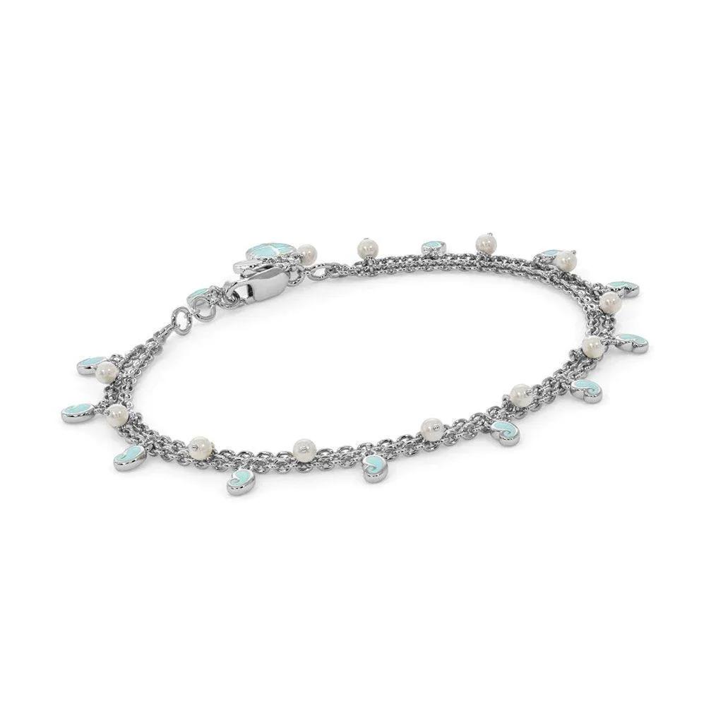 Pearl Enamel Charm Bracelet Diamond 14k Solid White Gold Handmade, Charm Bracelet, Pearl Bracelet, White Gold Bracelet, Enamel Bracelet