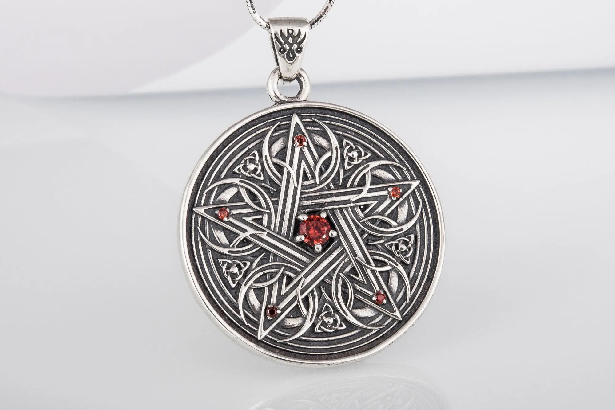 Pentagram Necklace with Red Cubic Zirconia Sterling Silver Handmade Jewelry