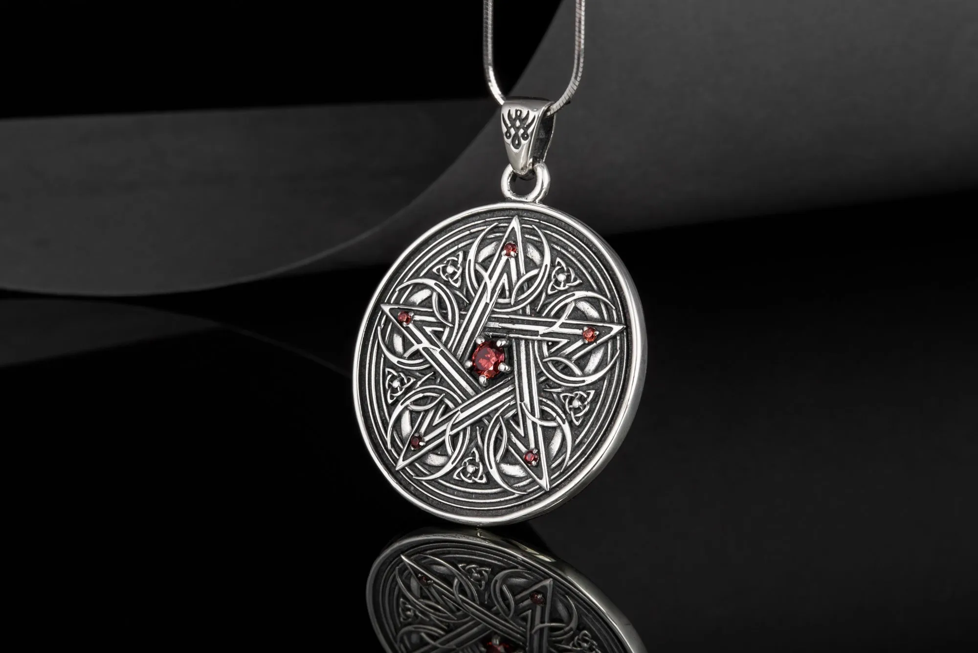 Pentagram Necklace with Red Cubic Zirconia Sterling Silver Handmade Jewelry