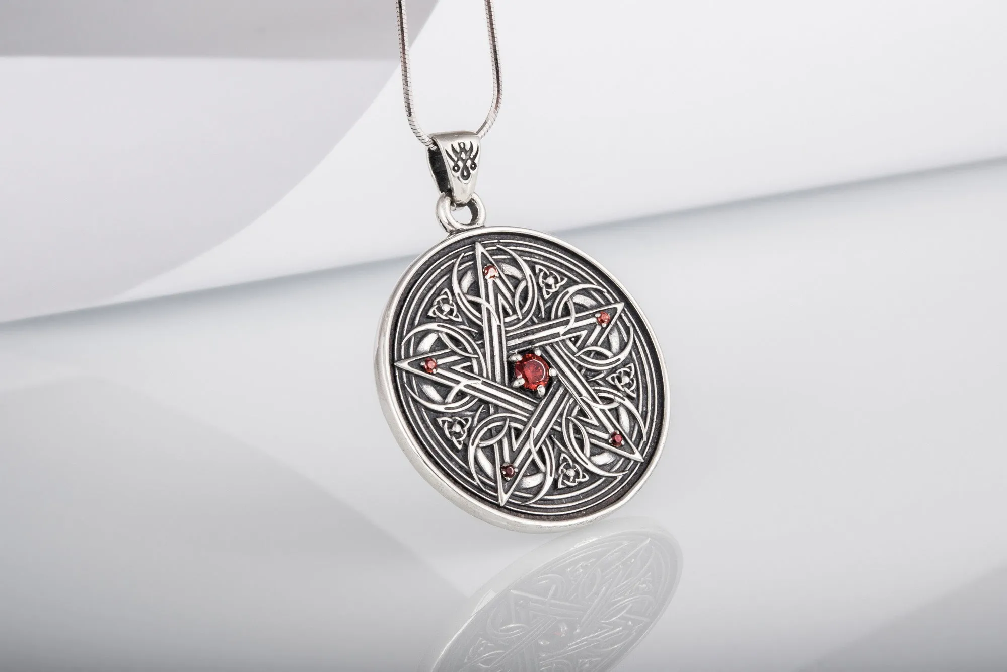 Pentagram Necklace with Red Cubic Zirconia Sterling Silver Handmade Jewelry