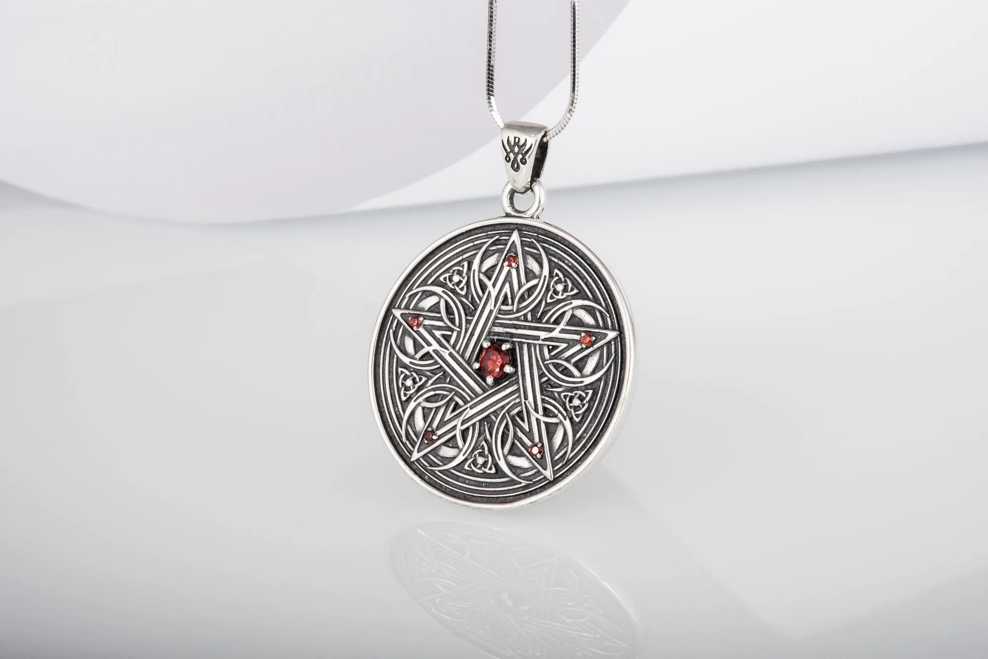 Pentagram Necklace with Red Cubic Zirconia Sterling Silver Handmade Jewelry