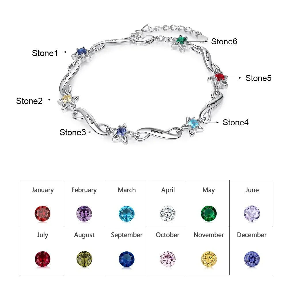 Personalized 6 Birthstones And 6 Names Flower Bracelets For Women