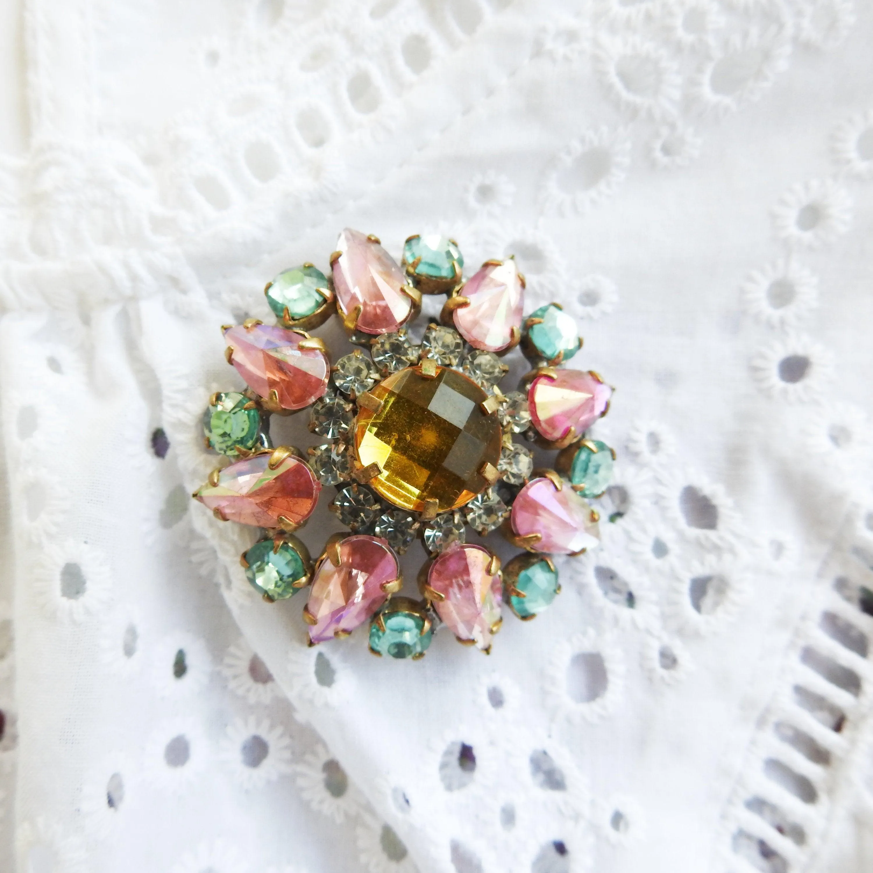 Pink and green crystal brooch