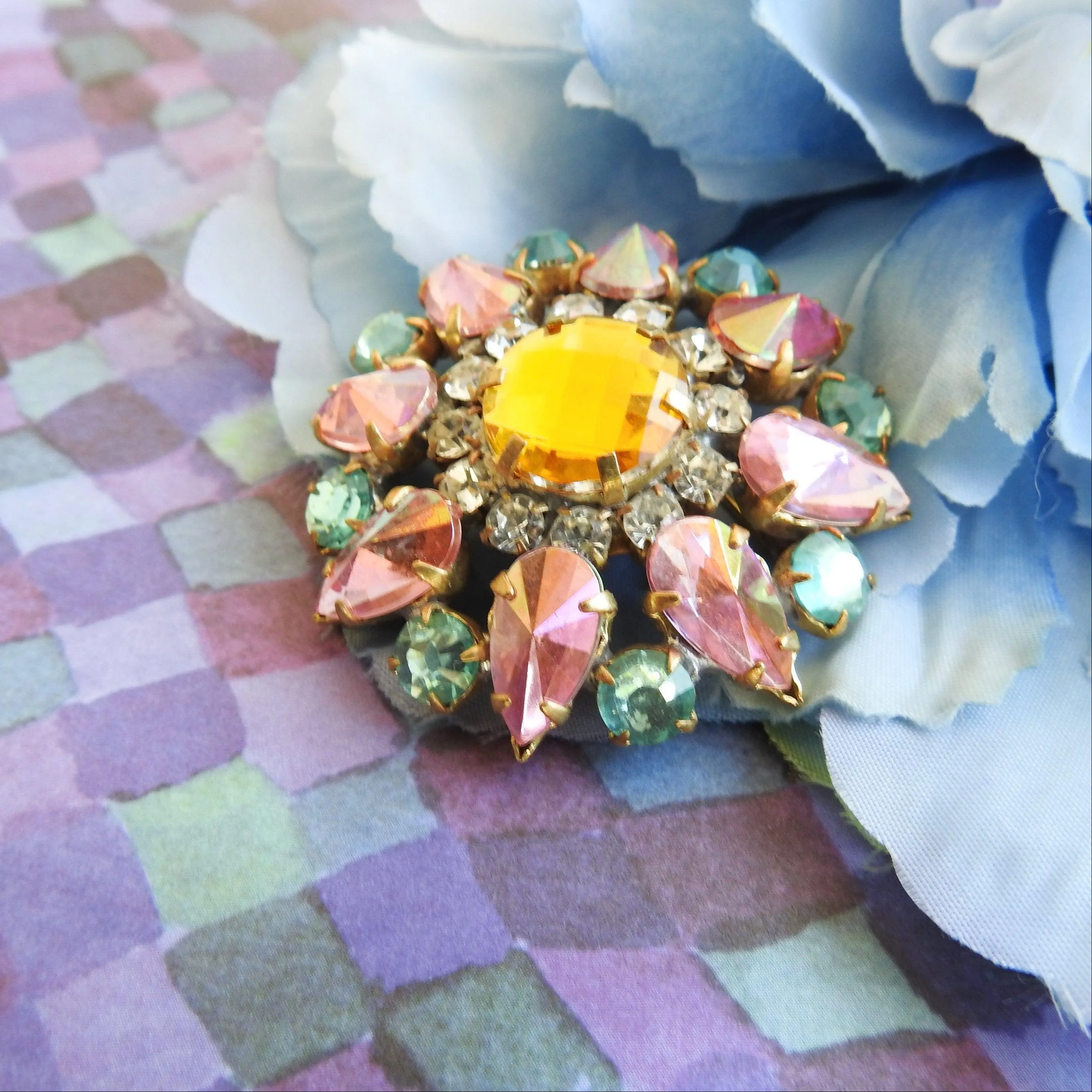 Pink and green crystal brooch