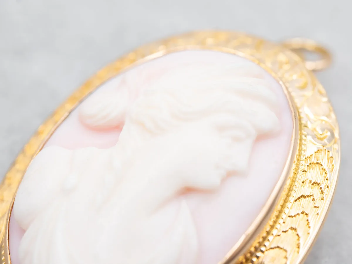 Pink Shell Cameo and Gold Vintage Brooch or Pendant