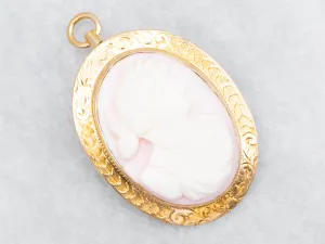 Pink Shell Cameo and Gold Vintage Brooch or Pendant