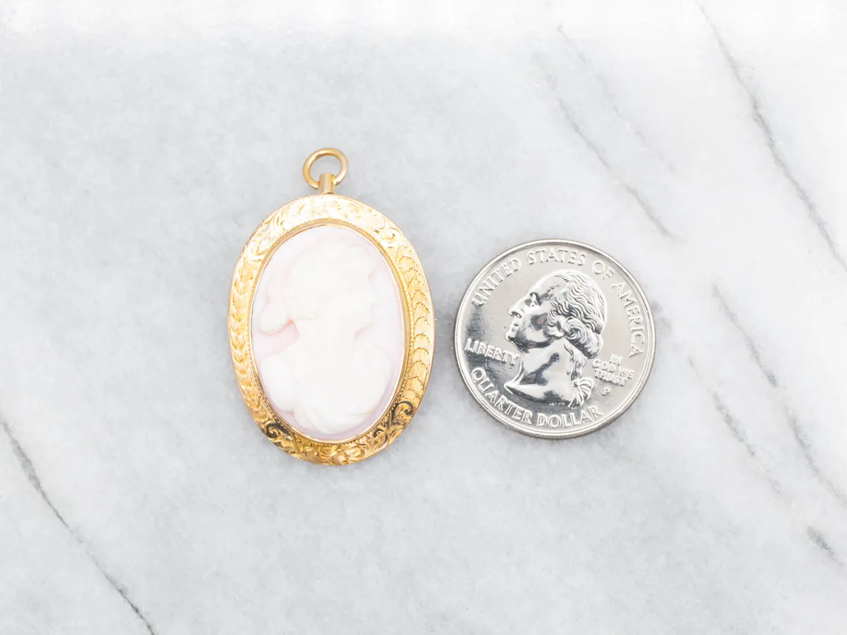 Pink Shell Cameo and Gold Vintage Brooch or Pendant