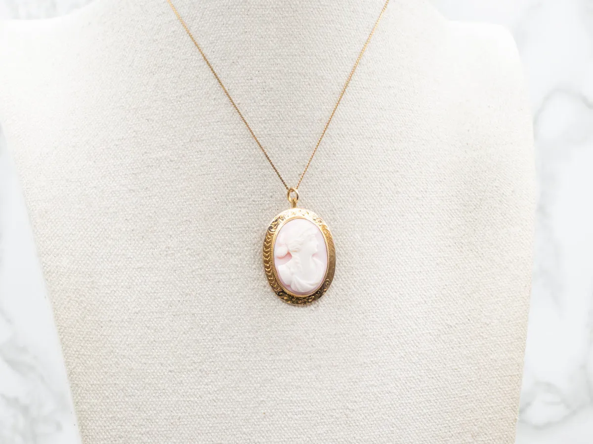 Pink Shell Cameo and Gold Vintage Brooch or Pendant