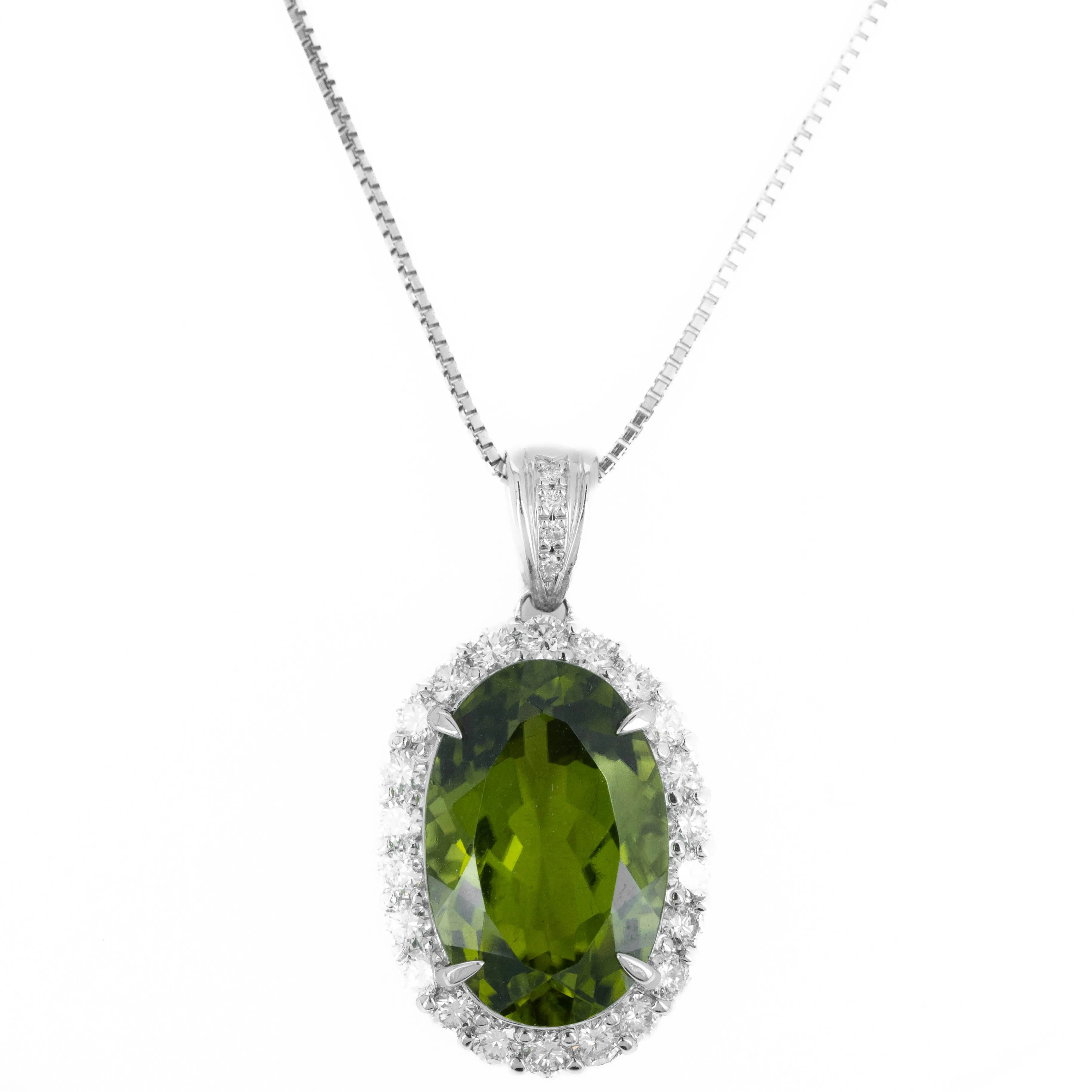 Platinum 10.35 Carat Peridot Diamond Halo Pendant Necklace