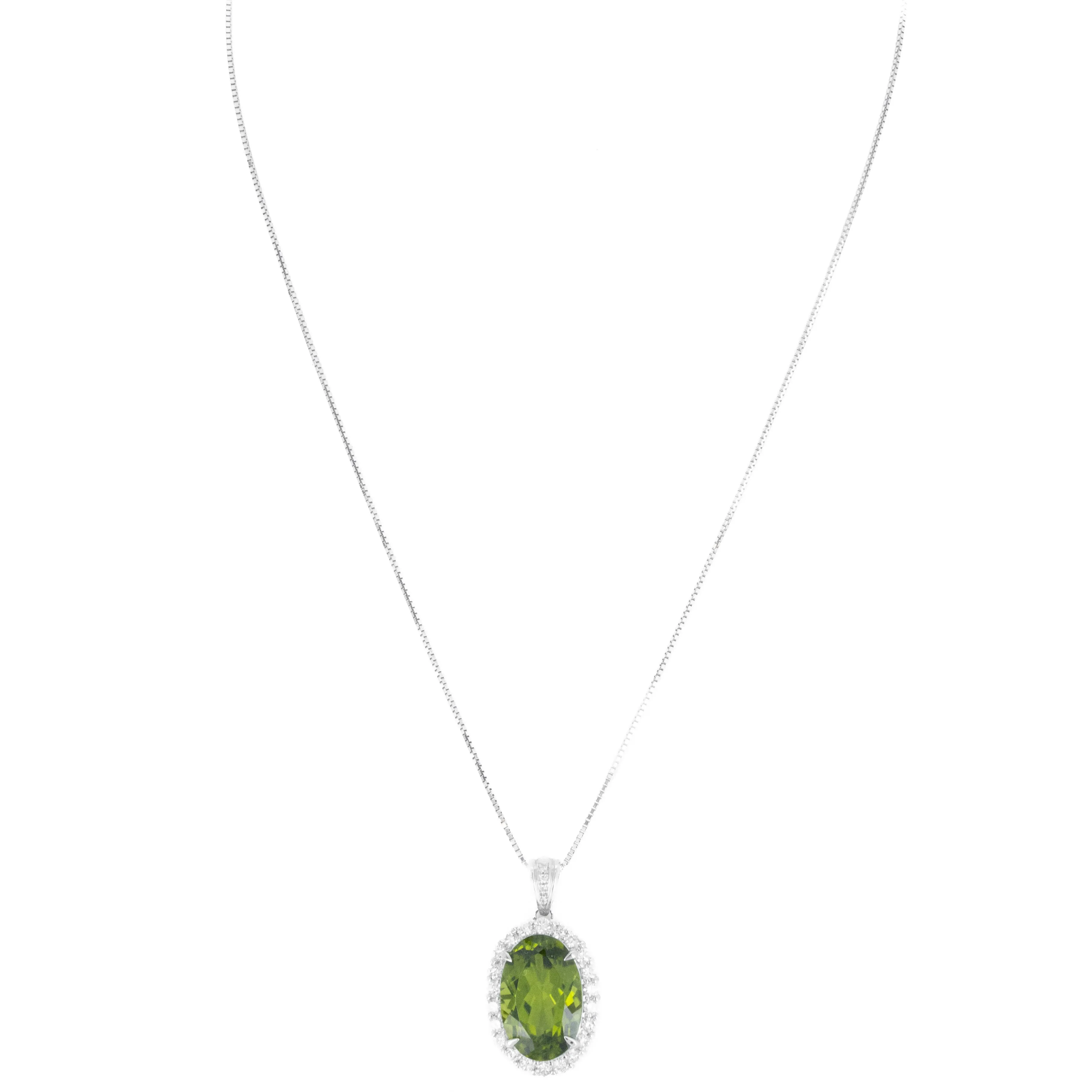 Platinum 10.35 Carat Peridot Diamond Halo Pendant Necklace