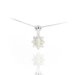 Platinum 1.21 Carat Cats Eye Chrysoberyl Diamond Halo Floral Pendant Necklace