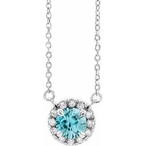 Platinum 5 mm Natural Blue Zircon & 1/10 CTW Natural Diamond 16" Necklace