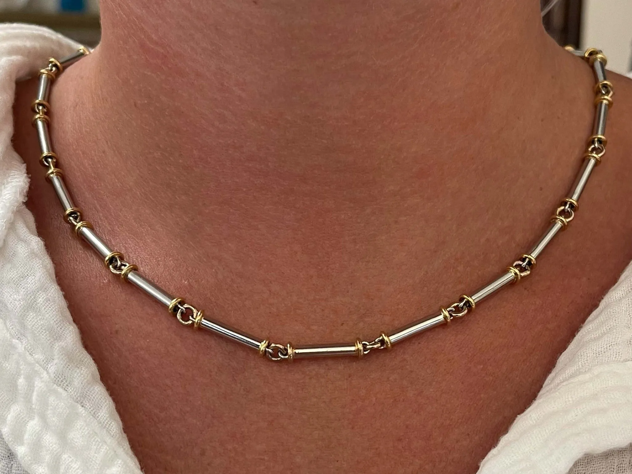 Platinum Barrel Sectional Necklace with 18k Yellow Gold Accents