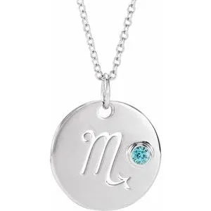 Platinum Natural Blue Zircon Scorpio Zodiac 16-18" Necklace