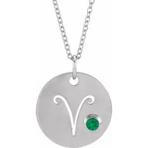 Platinum Natural Emerald Aries Zodiac 16-18" Necklace