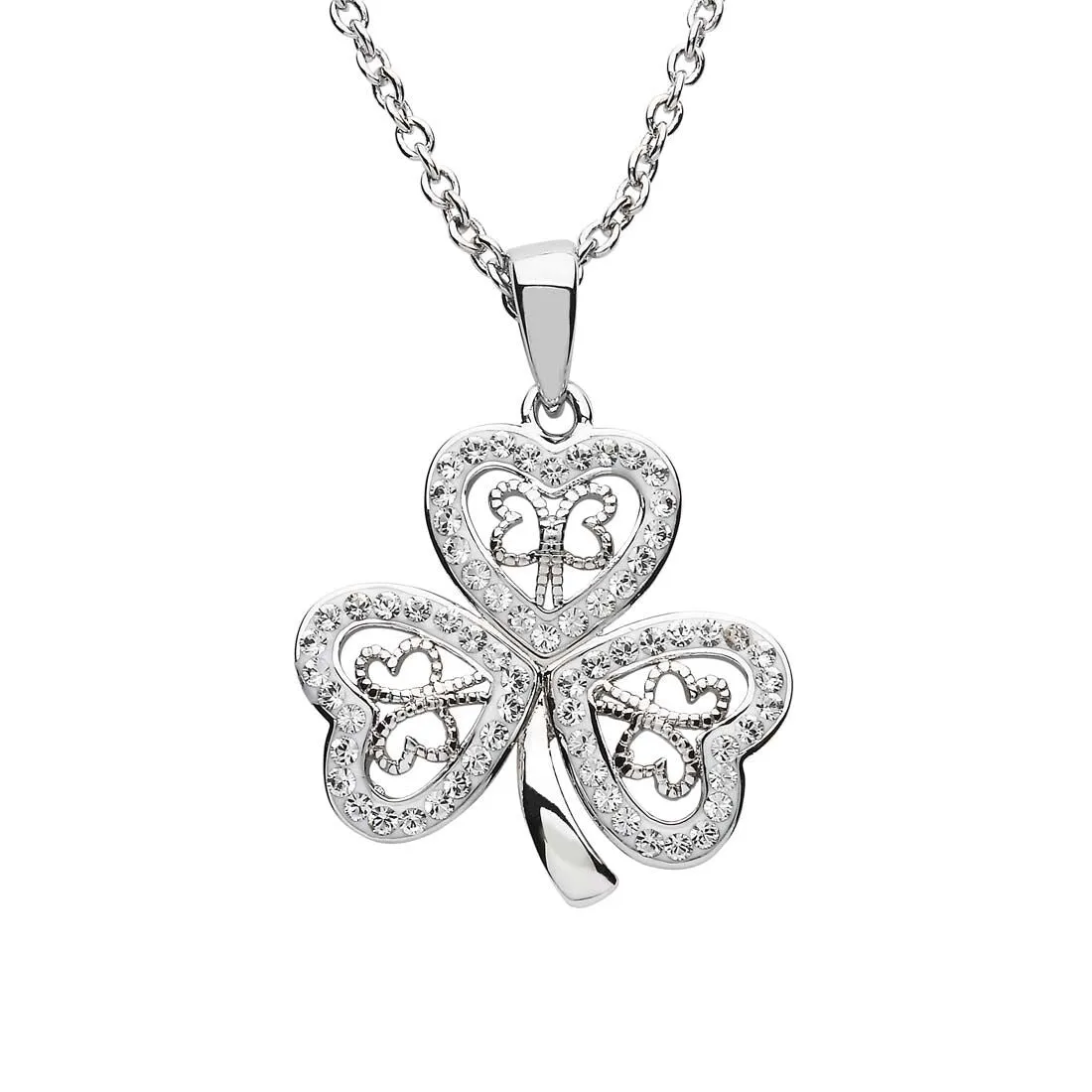 Platinum Plated Filigree Shamrock necklace With Clear Crystals