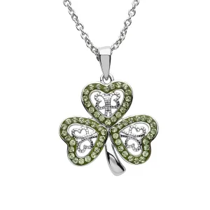 Platinum Plated Filigree Shamrock necklace With Peridot Crystals