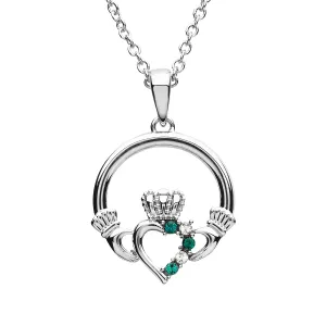 Platinum Plated Open Heart Claddagh necklace With Clear & Peridot crystals