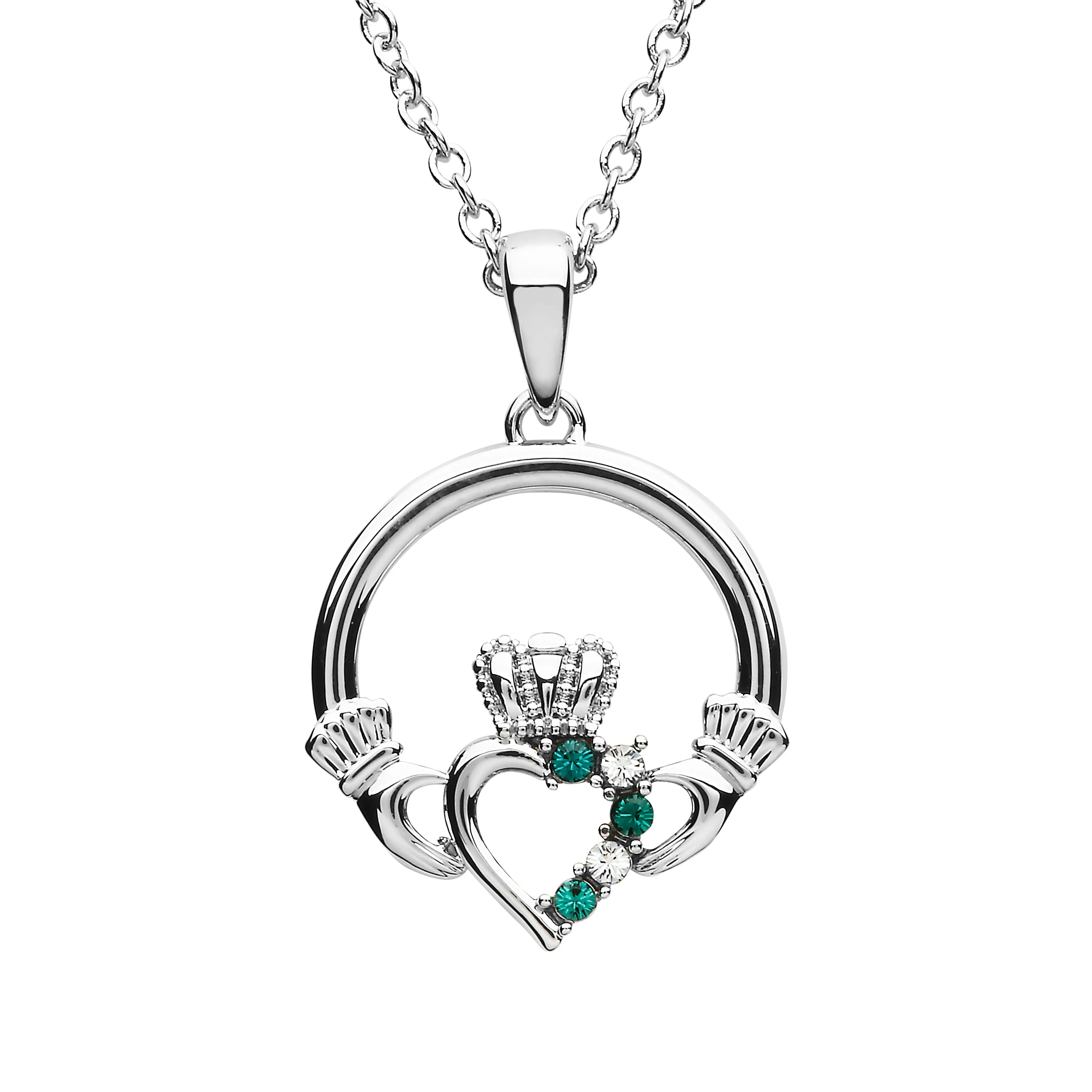 Platinum Plated Open Heart Claddagh necklace With Clear & Peridot crystals