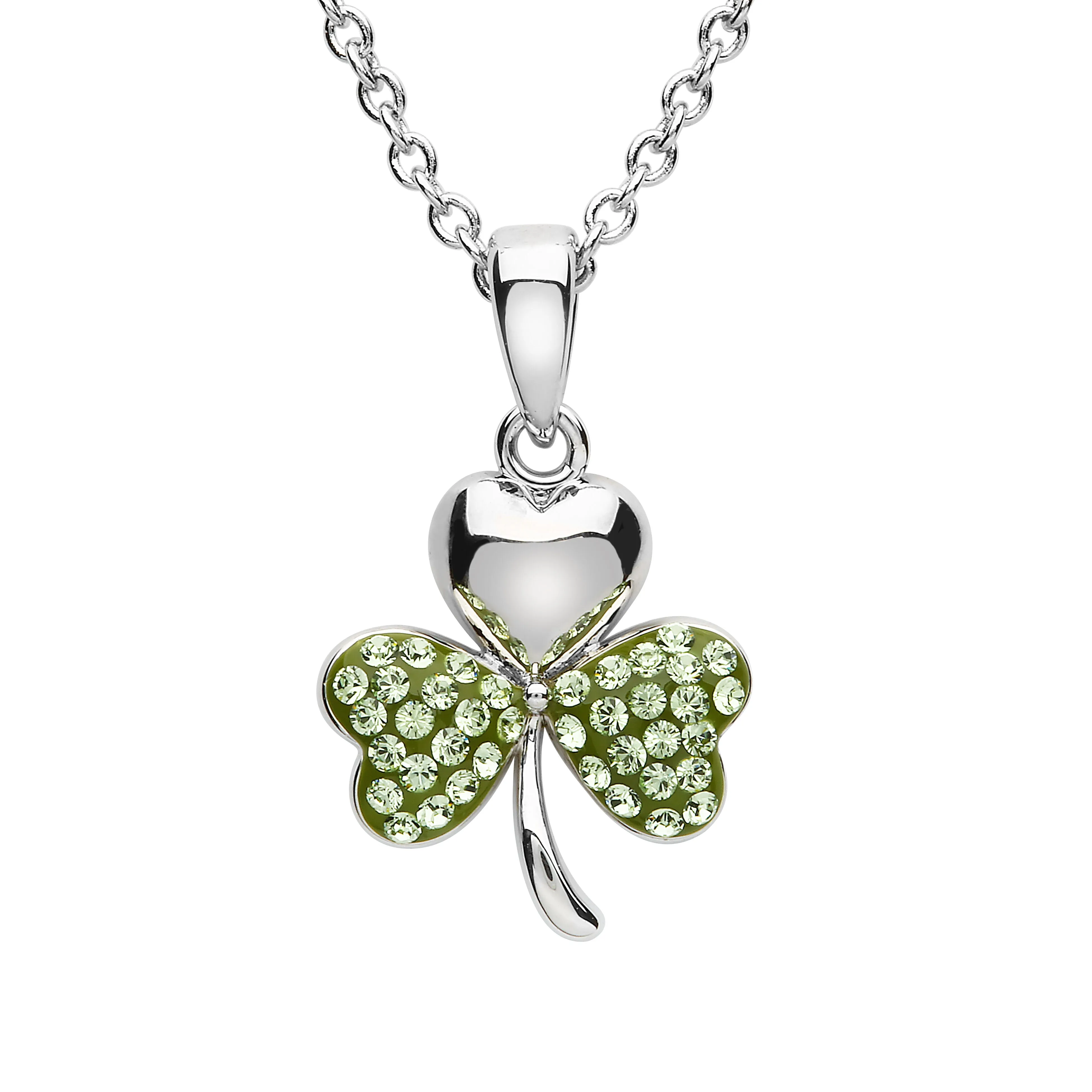 Platinum Plated Shamrock necklace With Peridot Crystals On Two Leaves