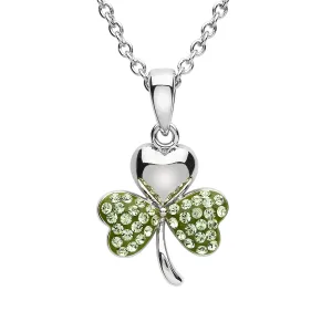 Platinum Plated Shamrock necklace With Peridot Crystals On Two Leaves