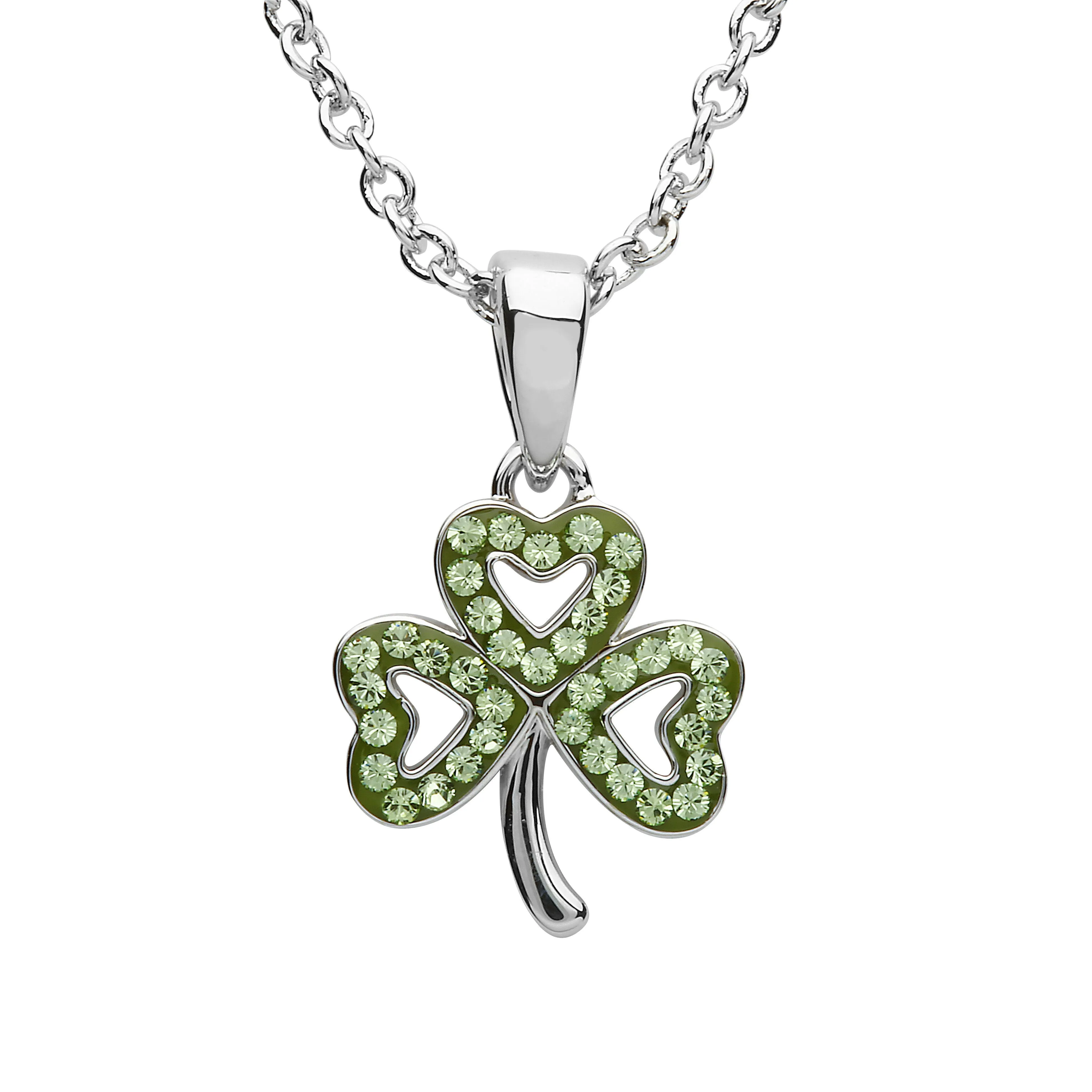 Platinum Plated Shamrock necklace With Peridot Crystals