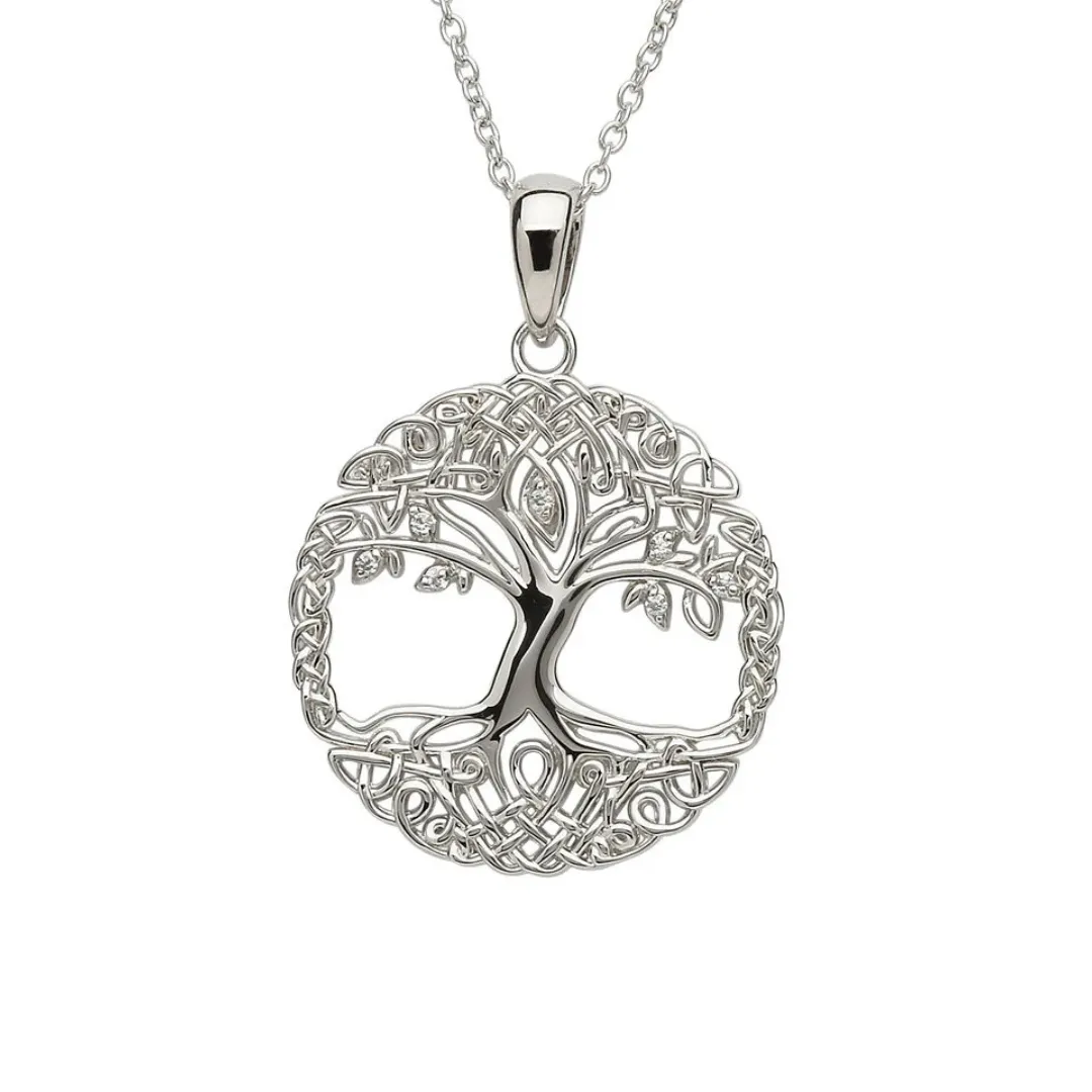 Platinum Plated Tree Of Life necklace With Clear Crystal