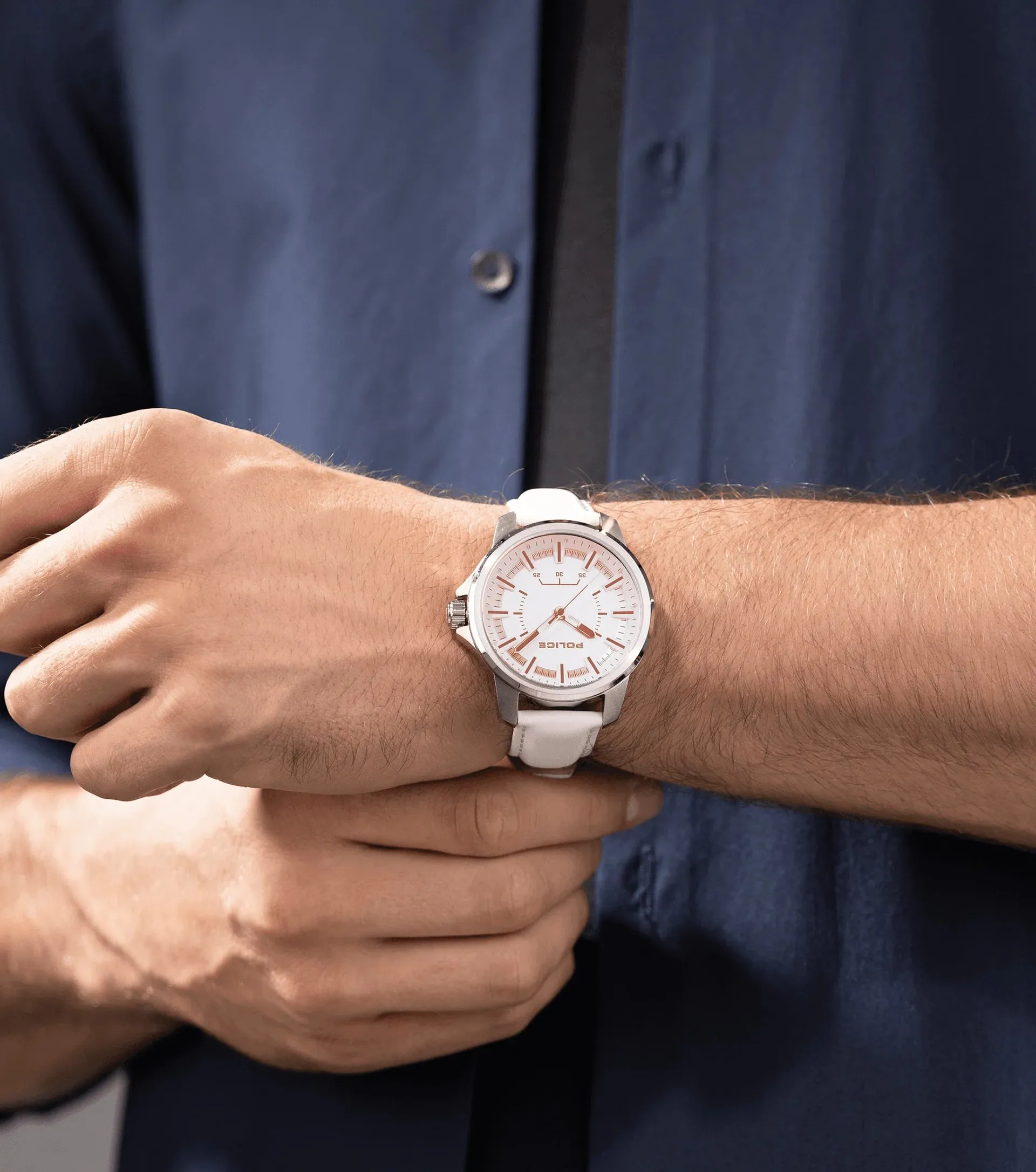 Police Mensor Gents White Dial White Leather Strap Watch