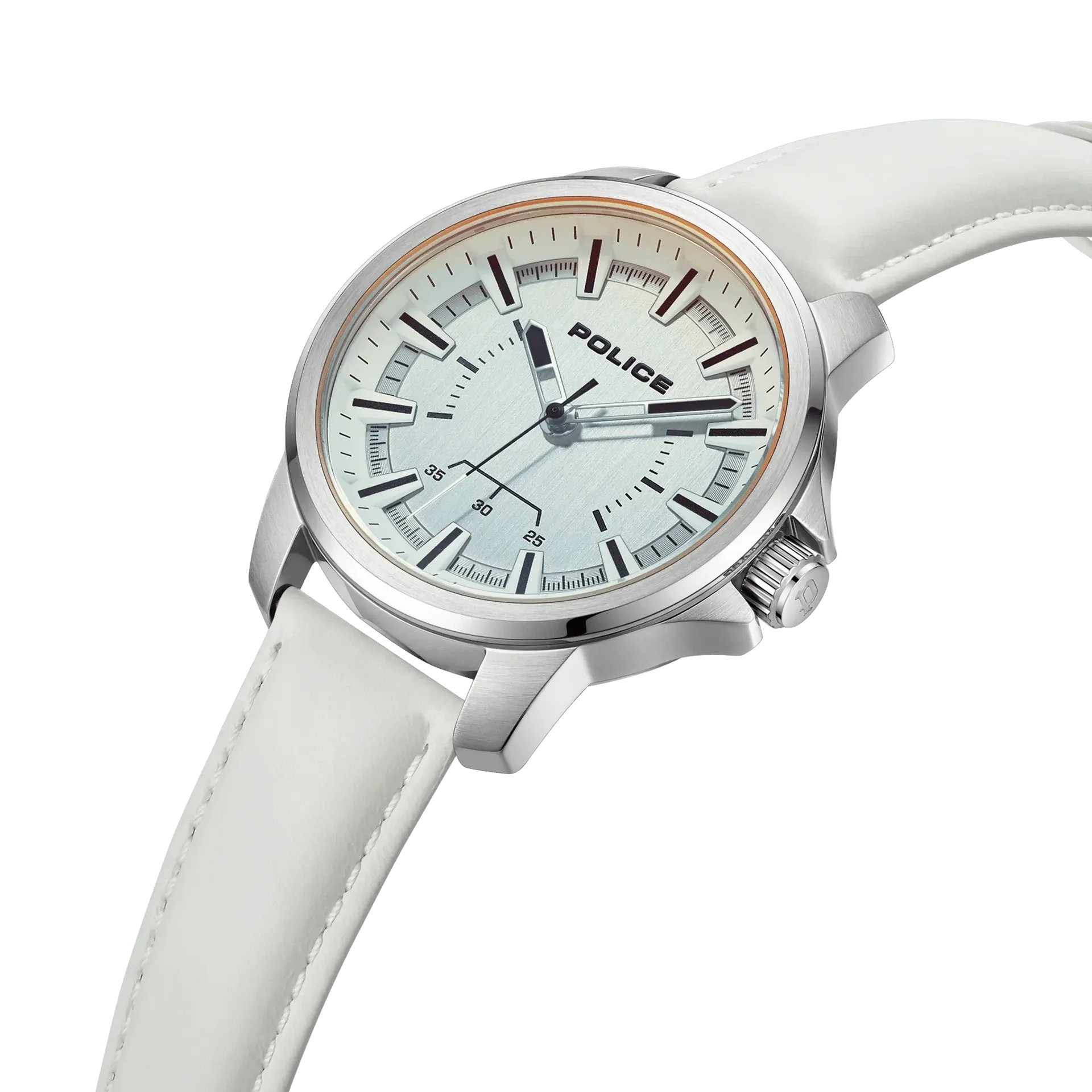 Police Mensor Gents White Dial White Leather Strap Watch