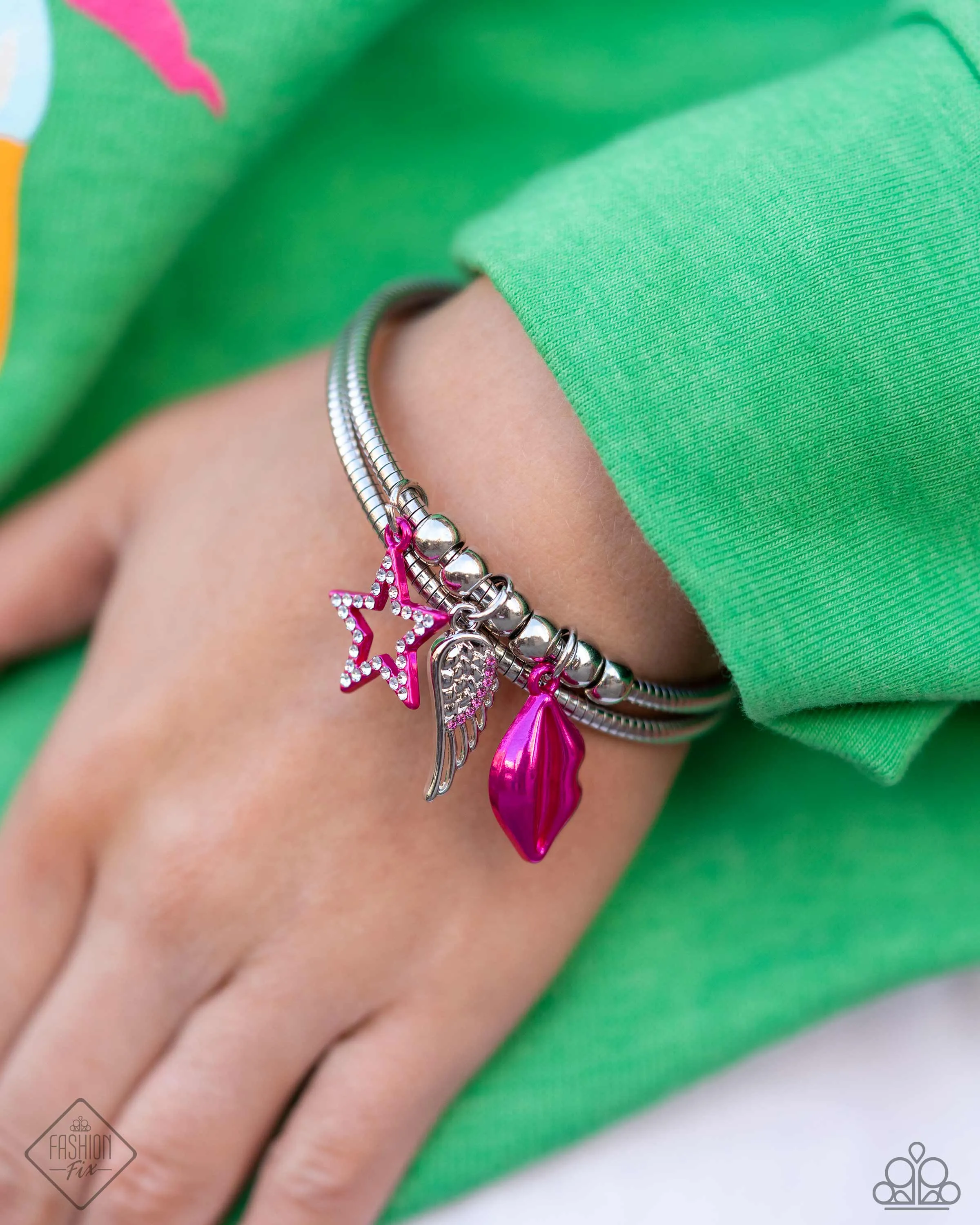 Popstar Privilege - Multi - Metallic Pink Star and Lips, Silver Angel Wing Paparazzi Coil Bracelet - May 2024 Sunset Sightings