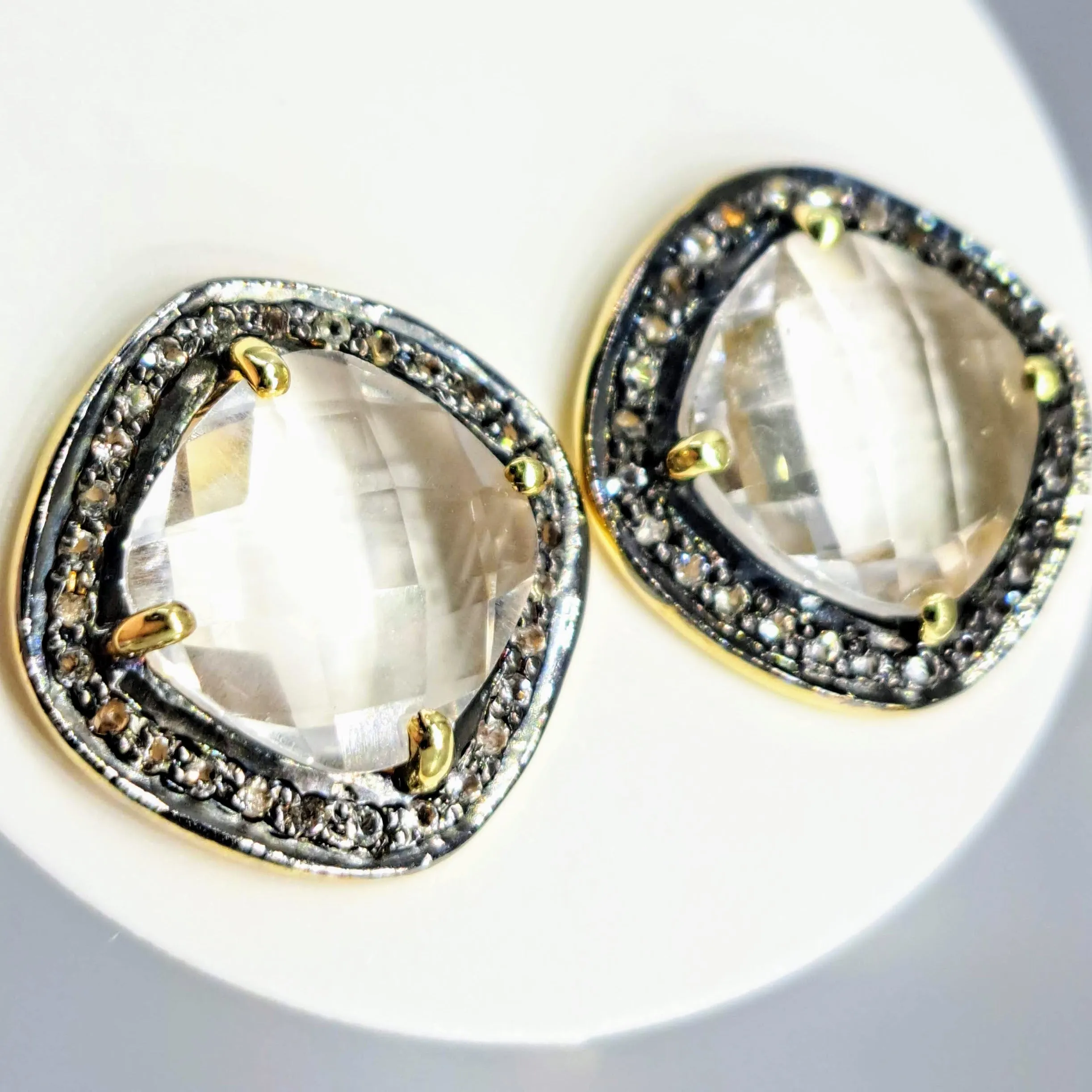 "Hard Candy" Statement Stud Earrings - Gemstones, White Topaz Halos, Black & Gold Sterling
