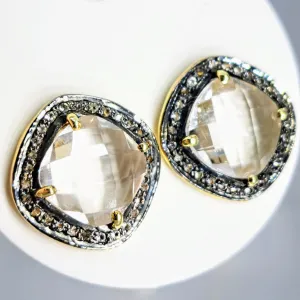 "Hard Candy" Statement Stud Earrings - Gemstones, White Topaz Halos, Black & Gold Sterling