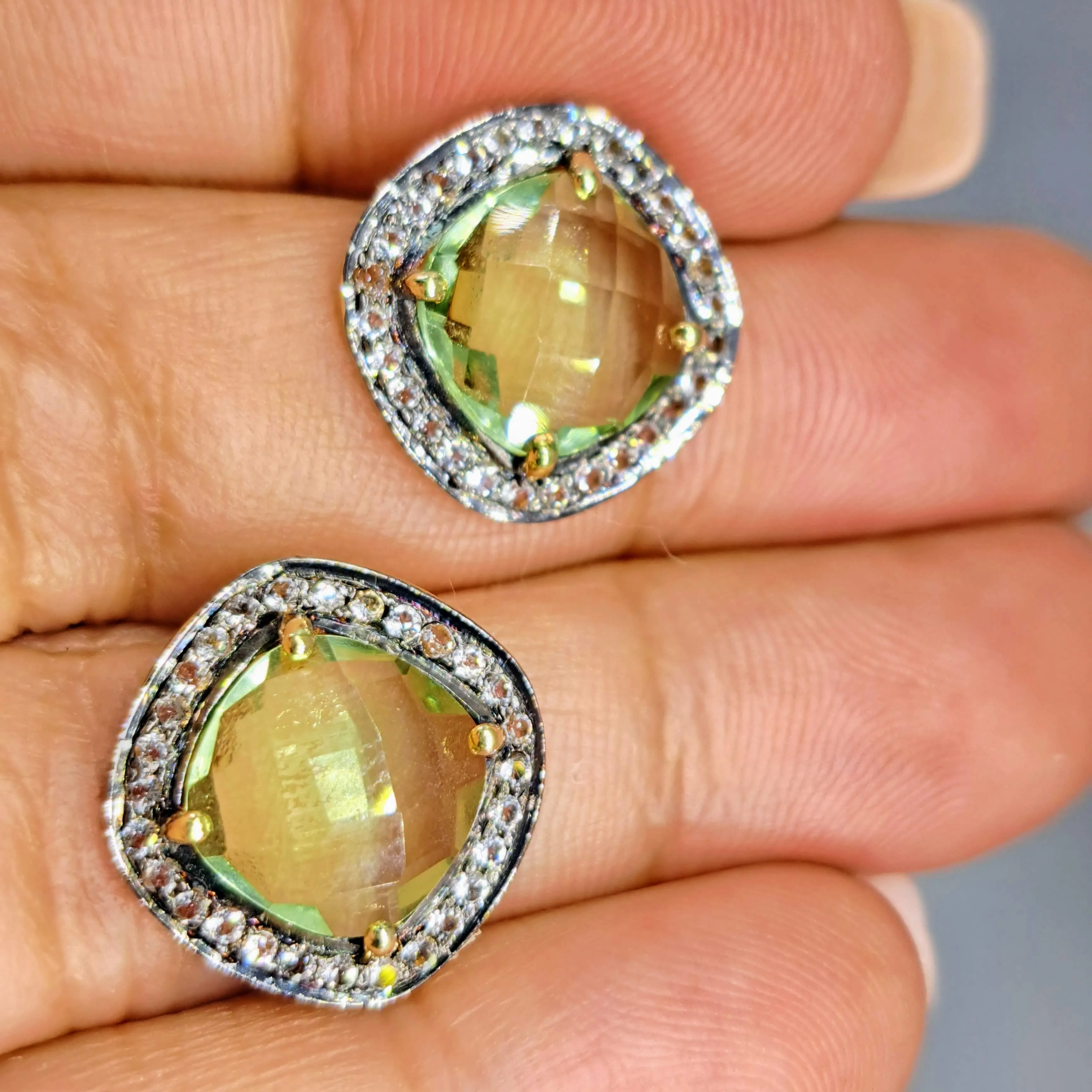 "Hard Candy" Statement Stud Earrings - Gemstones, White Topaz Halos, Black & Gold Sterling