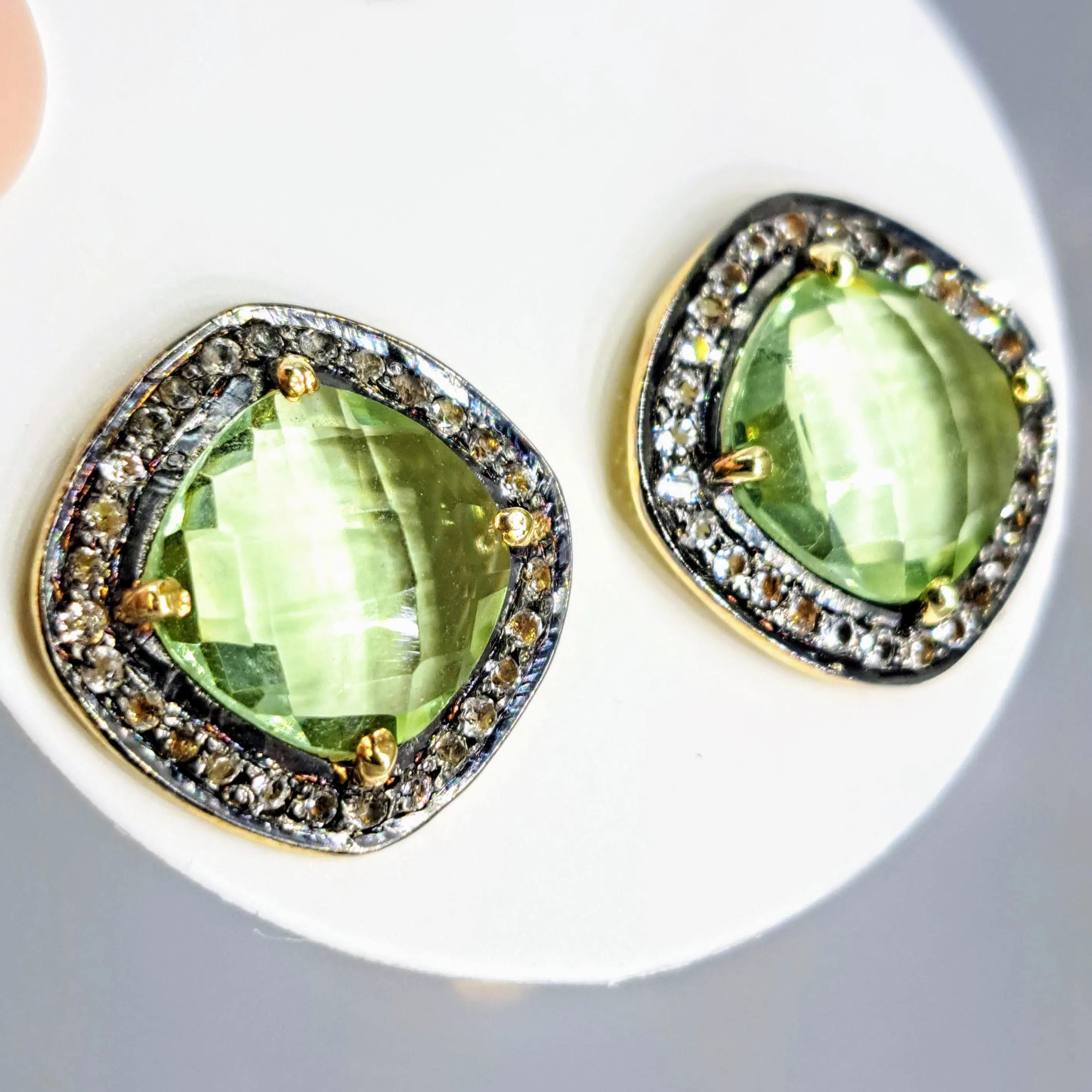 "Hard Candy" Statement Stud Earrings - Gemstones, White Topaz Halos, Black & Gold Sterling