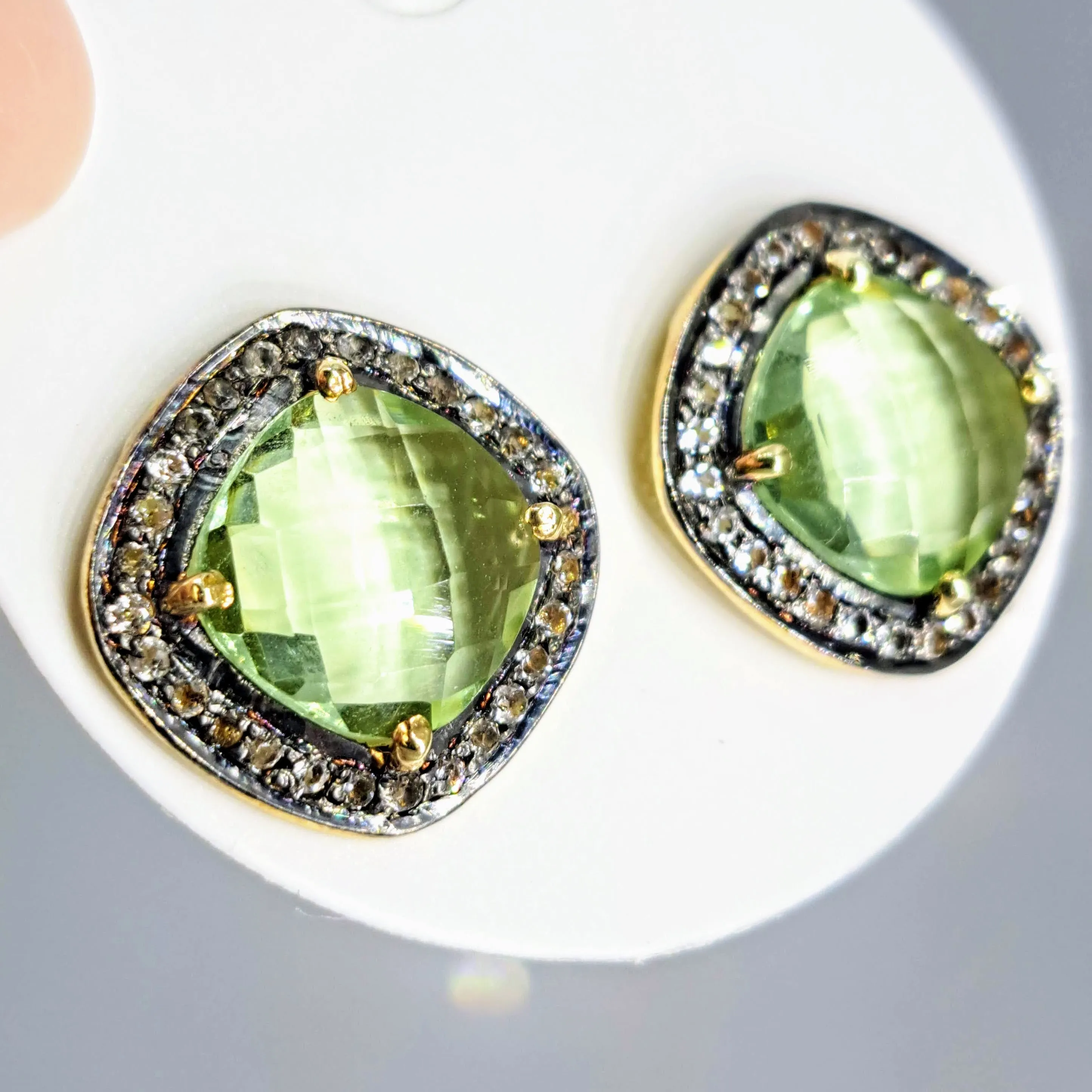 "Hard Candy" Statement Stud Earrings - Gemstones, White Topaz Halos, Black & Gold Sterling