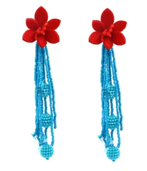 Red Flower with Turquoise Bead Tassels Earrings 230-5 | Erika Williner Designs