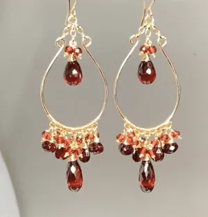Red Garnet Gold Statement Chandelier Hoop Earrings