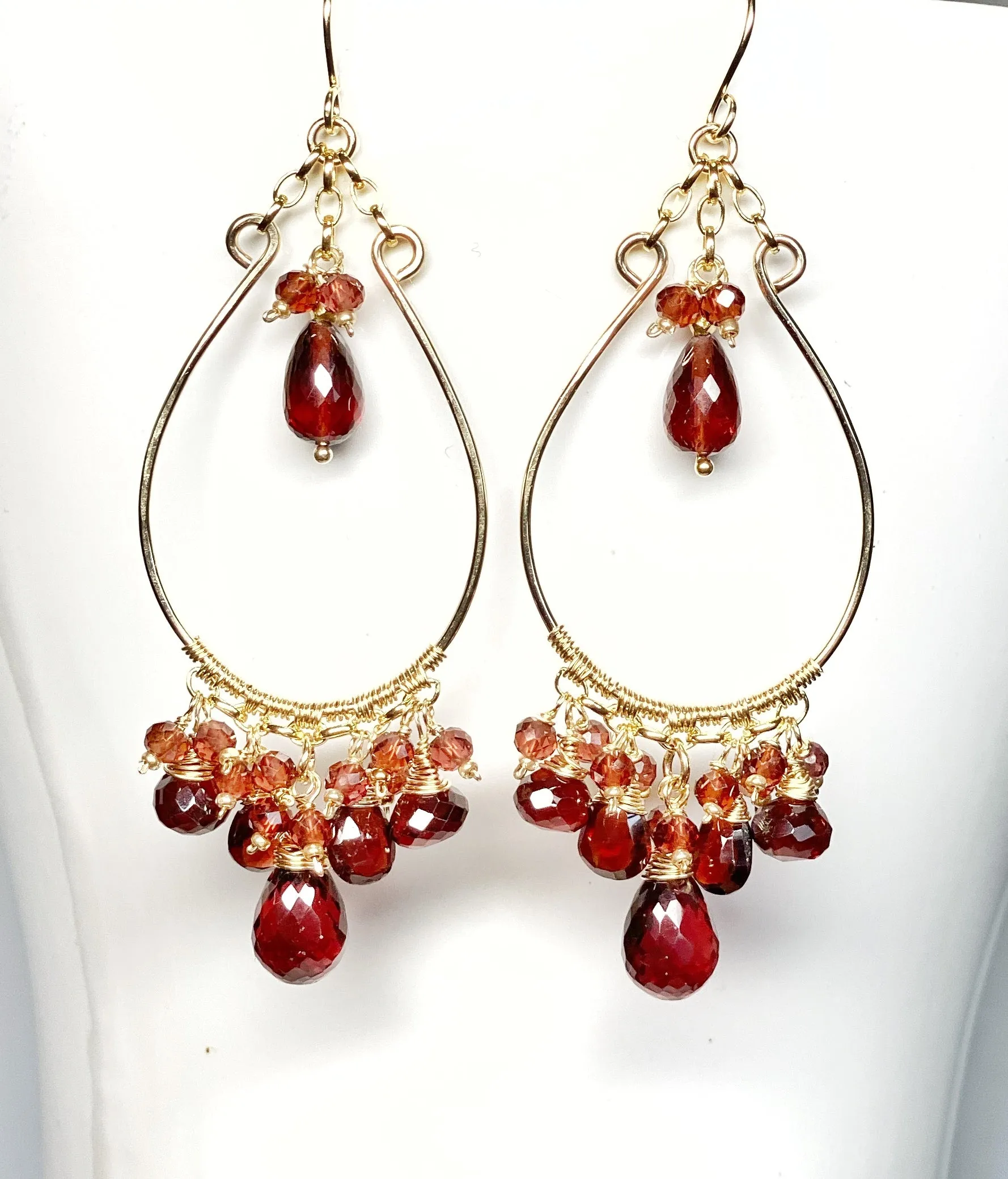 Red Garnet Gold Statement Chandelier Hoop Earrings