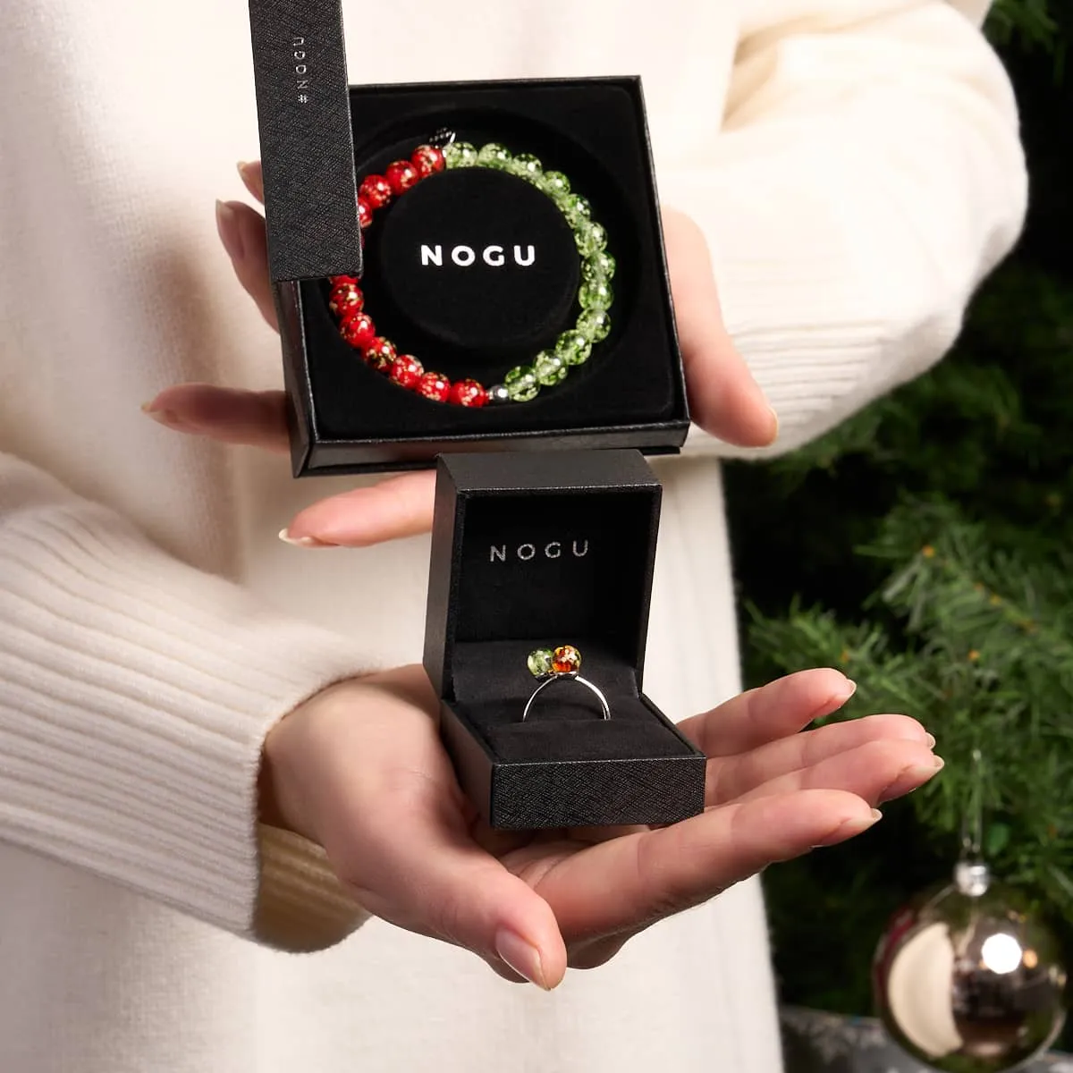 Red Holly x Frosted Mistletoe | .925 Sterling Silver | Firefly Glass | Infinity Helix Ring