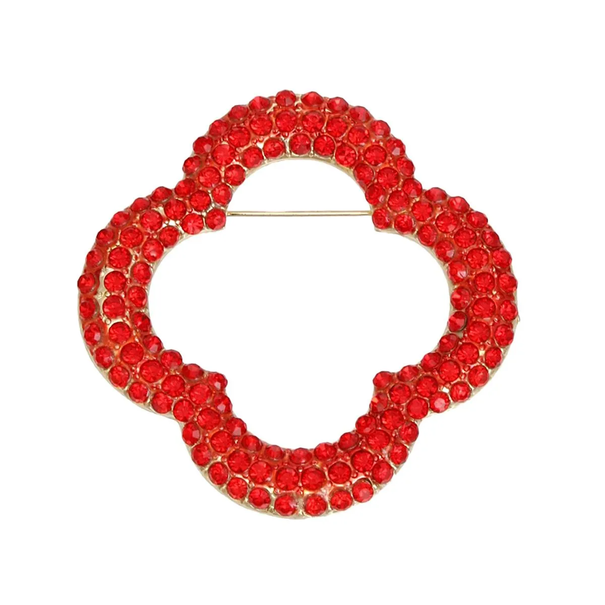 Red Rhinestone Quatrefoil Clover Brooch - Bold Gold-Tone Accent