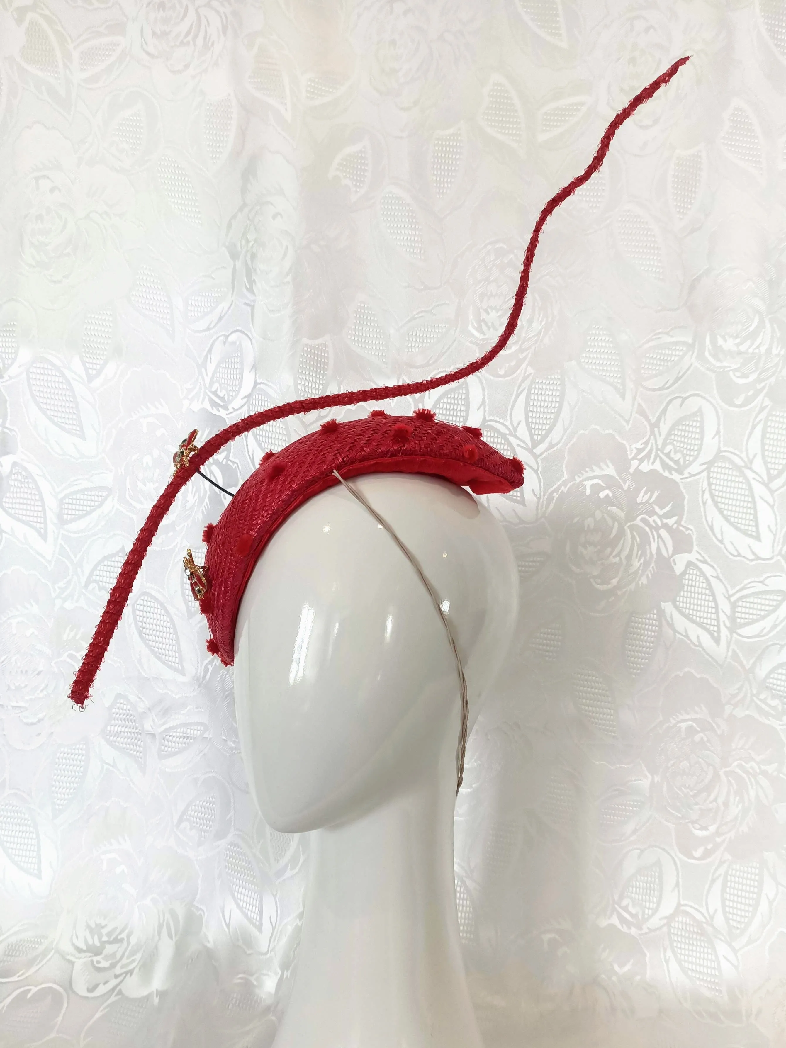 Red Straw Fascinator with Floating Quill & Ladybug Brooches