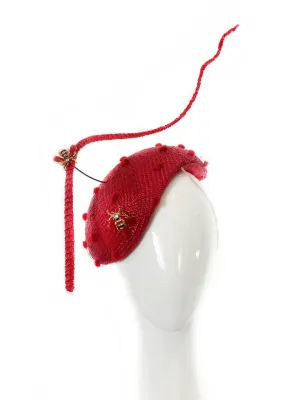 Red Straw Fascinator with Floating Quill & Ladybug Brooches