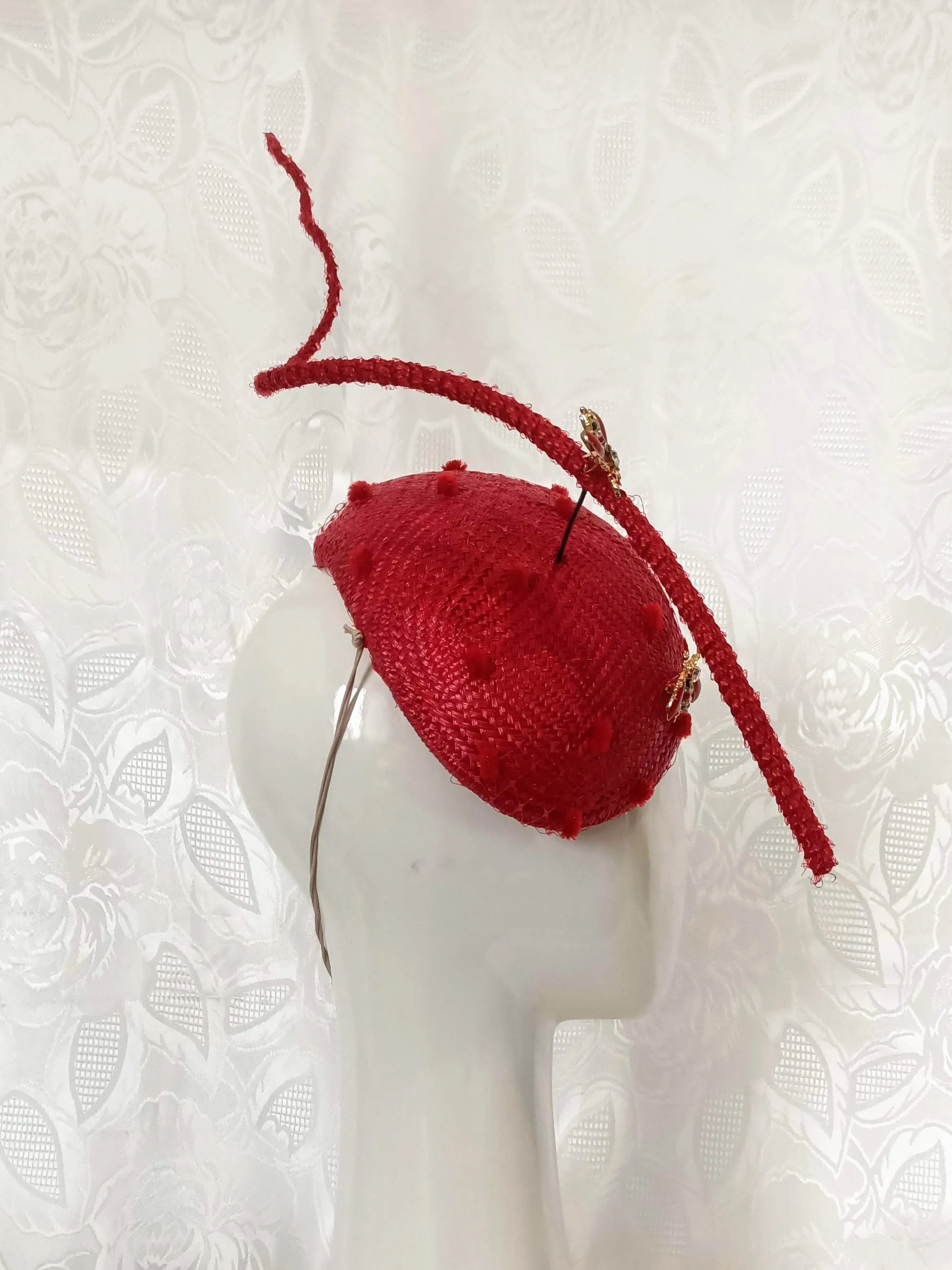 Red Straw Fascinator with Floating Quill & Ladybug Brooches
