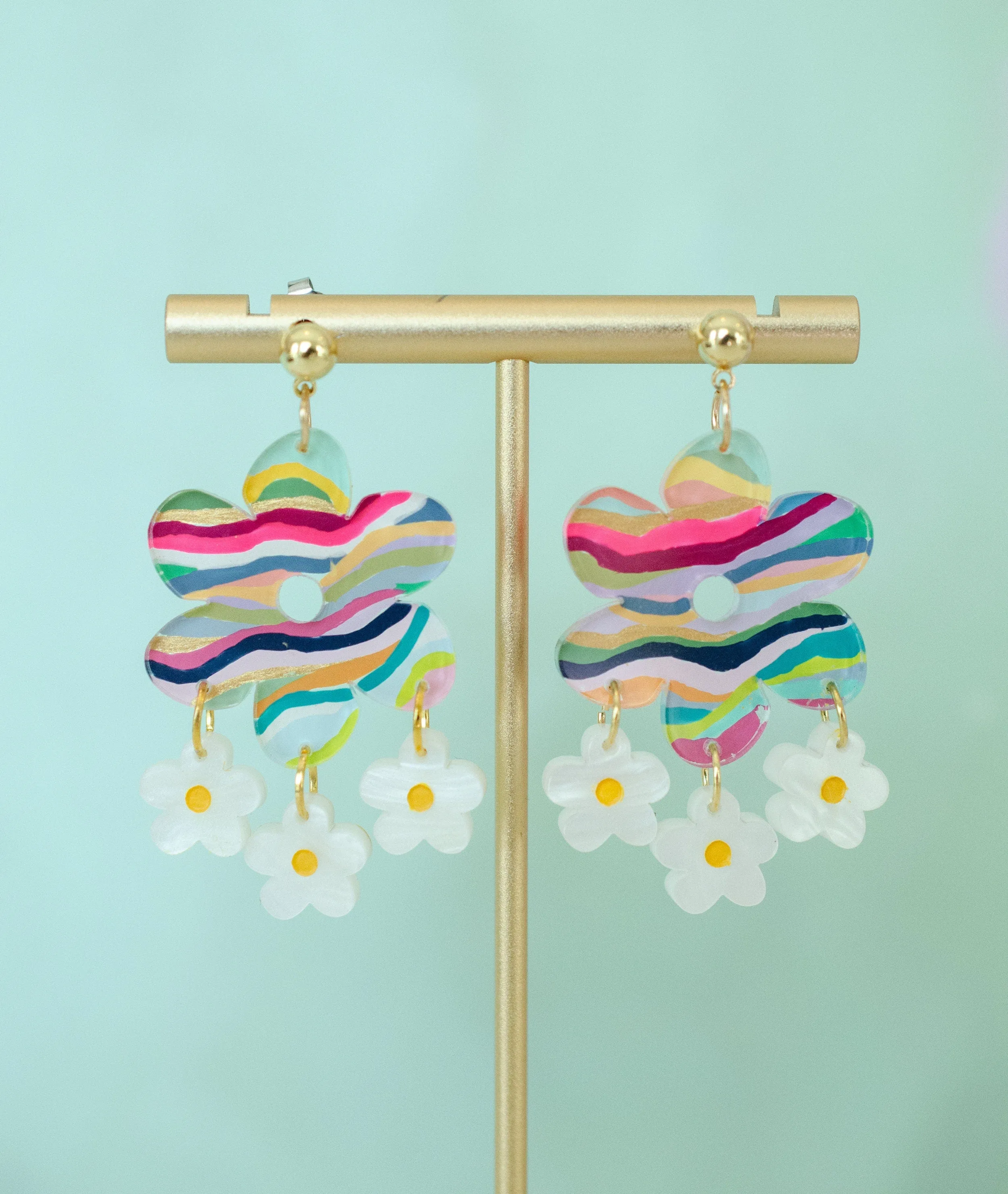 Retro flower earrings, colorful flower earrings, colorful dangle earrings, 70's style earrings, bold statement earrings, daisy earrings,