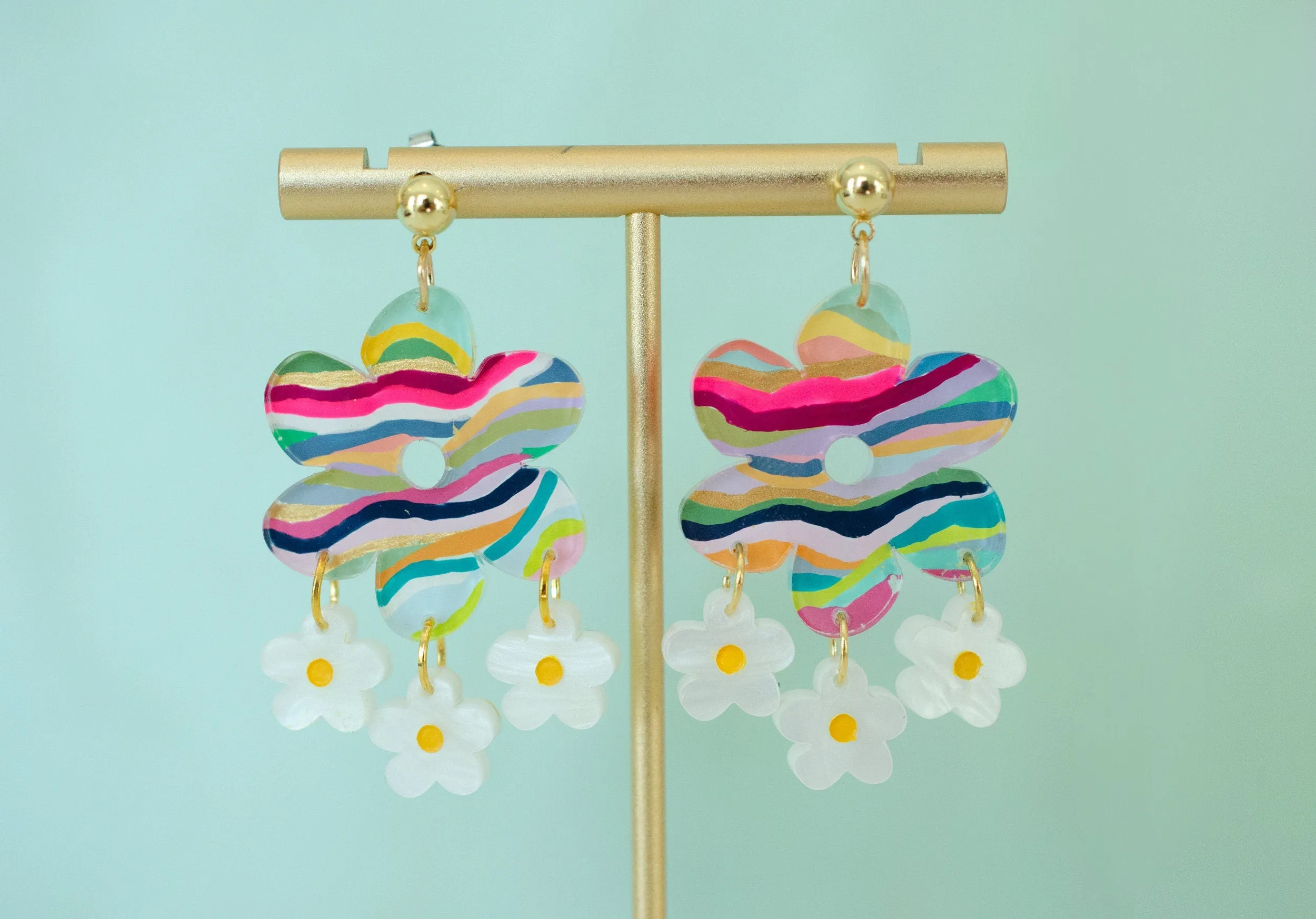 Retro flower earrings, colorful flower earrings, colorful dangle earrings, 70's style earrings, bold statement earrings, daisy earrings,